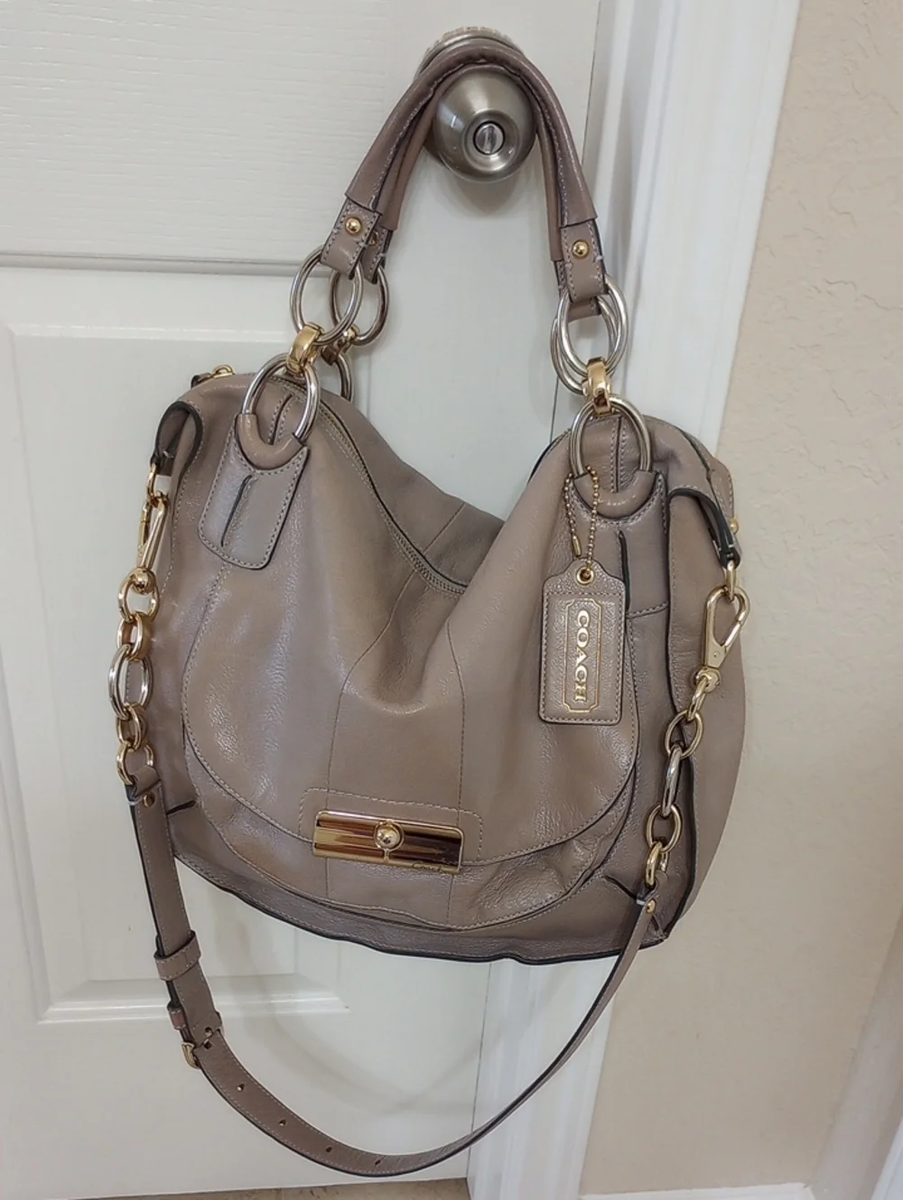 Coach Taupe Leather Hobo Bag with Gold Hardware